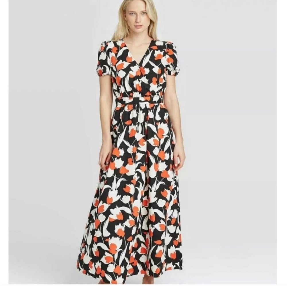 Who What Wear Orange and White Puff Sleeve Maxi Dress